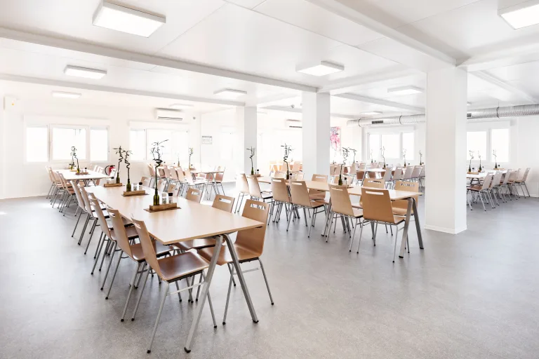 Speisesaal der Interimskantine mit langen Tischreihen, Stühlen und Fensterfront.